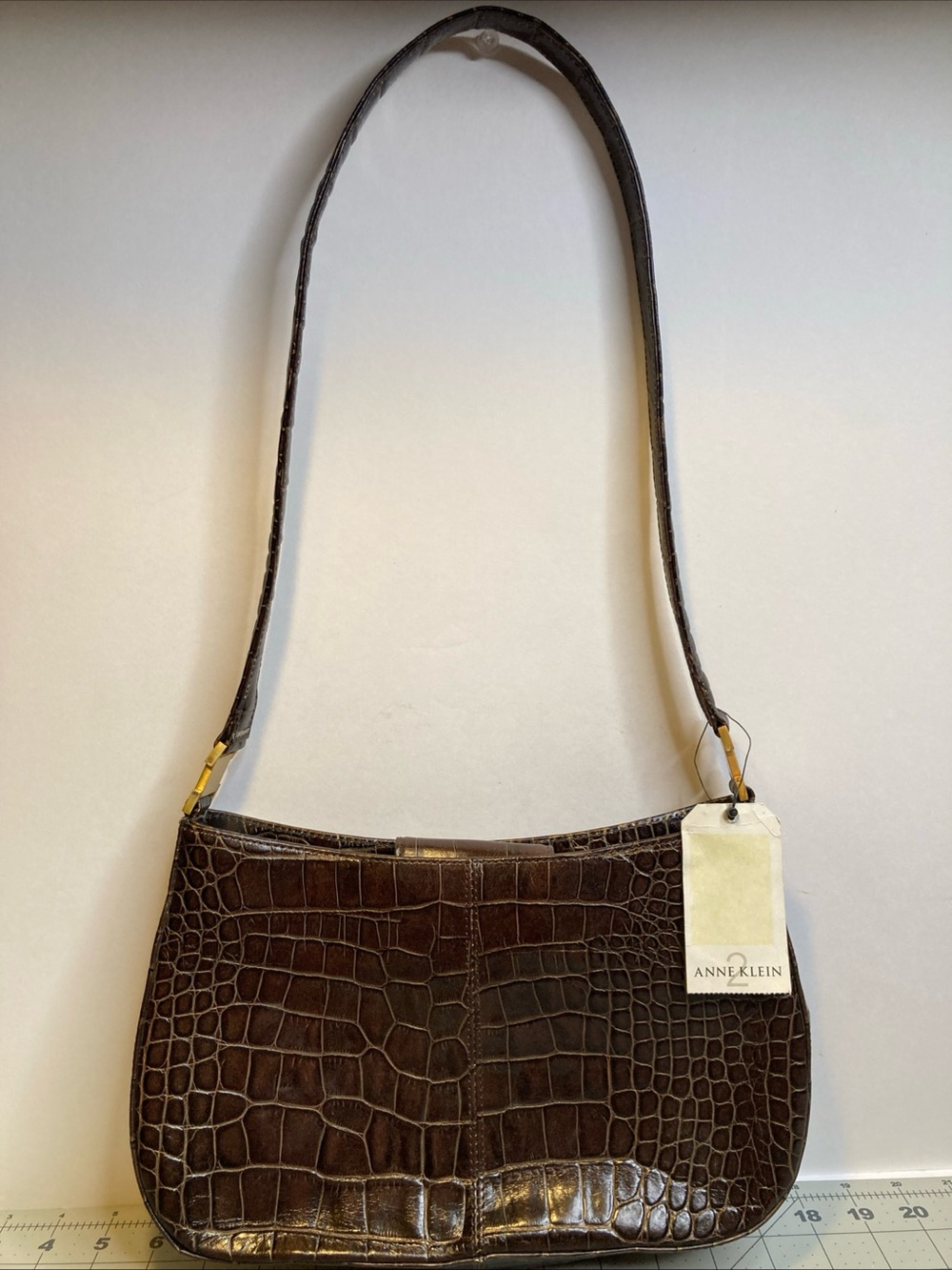Anne Klein Shoulder Bag Brown Croc Embossed Gold Accents Shoulder Bag Y2K